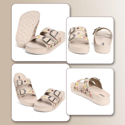 Image of Women Floral Double Strap Buckle Slides | Embroidered Casual Slip-On Sandals for Girls | Lightweight Anti-Slip Comfortable Everyday Wear Flats
