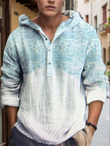 Men Vintage Boho Print Button Hoodie Shirt Fall Casual Graphic Hawaiian Beach Long Sleeve Hooded Pullover Sweatshirt2