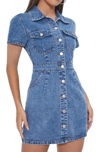 Image of Denim Bodycon Dresses for Women Trendy Short Sleeve Mini Jean Dress