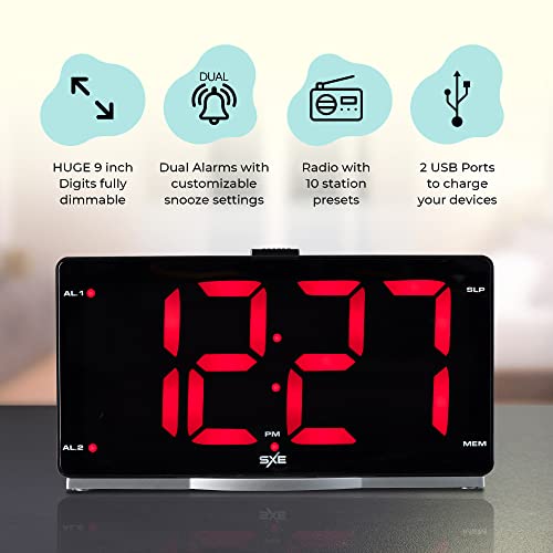 Sxe 9" Led Digital Alarm Clock Radio-Large Numbers-Easy To Read-Dual Alarms-2 Usb Charging Ports For Bedroom, Home Office #TOP3