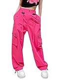 HENGAO Girls Y2k Cargo Pants Drawstring Harajuku Jogger Parachute Pants with Pockets, Rose Red,9-10 Years = Tag 150