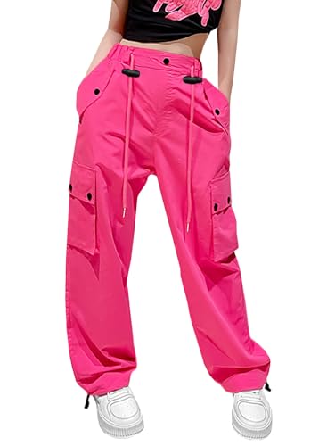 Image of HENGAO Girls Cargo Pants Parachute Casual Jogger Y2K 5-14 Years | Kids Baggy pants Parachute, Drawstring, with Pockets, Elastic High Waist, Loose Trousers Streetwear