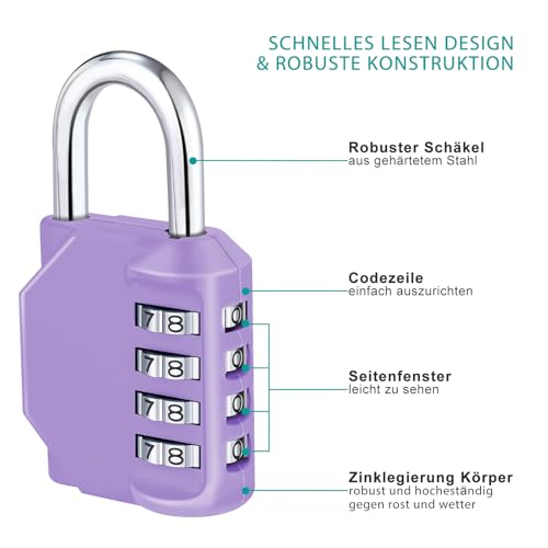 ZHEGE Schloss mit Zahlencode, Zahlenschloss 4 Stellig (Violett) – Ansicht 3
