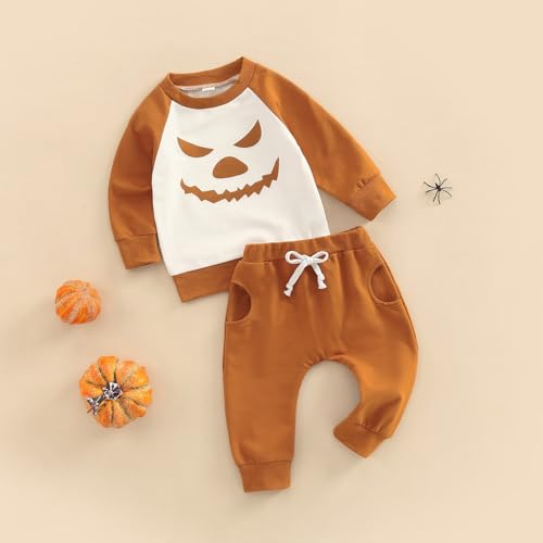 Toddler Boys Halloween Clothes Pumpkin Print Long Sleeve Round Neck Pullover Solid Color With Pocket Pants Set2