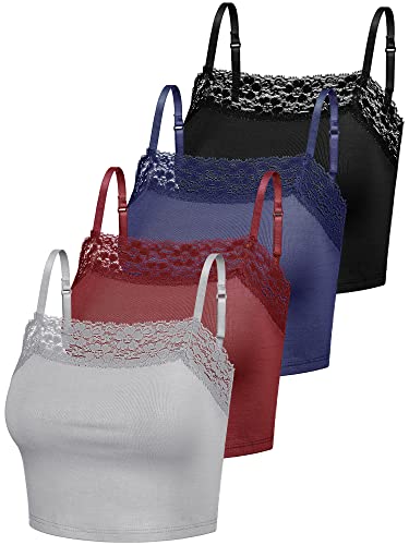 4 Stück Damen Camisole Crop Tops mit Spitzenbesatz Spitzen Cami Tops für Mädchen (as3, Alpha, m, Regular, Regular, Grau, Weinrot, Marineblau, Schwarz)