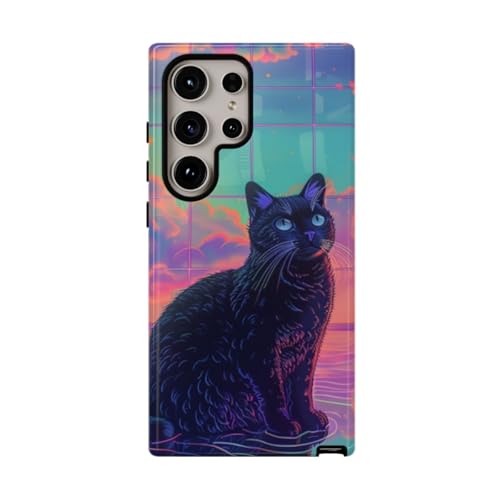 Coque Samsung S24 Ultra chat noir avec reflet ciel néon finition éclatante