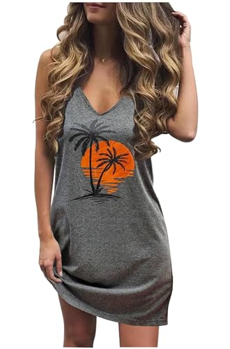 Image of Live Simple Coconut Tree Sleeveless Dress Sunshine Sand Beach Women's Summer Casual V Neck Mini Dress
