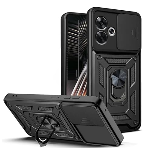 Image of SPAZY CASE Realme 14T 5G Back Cover | Heavy Duty Hybrid Case with 360 Degree Rotating Finger Ring Holder + Slider Shutter Camera Protection Case for Realme 14T 5G - Black
