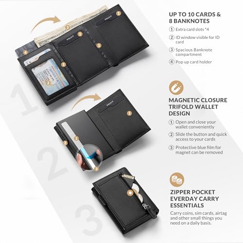 Image of VULKIT Card Holder Wallet with Coin Pocket Magnetic Closure Pop Up Cards With ID Window Leather Wallet for Cash & Credit Cards, Grain Black, One Size, Contemporary