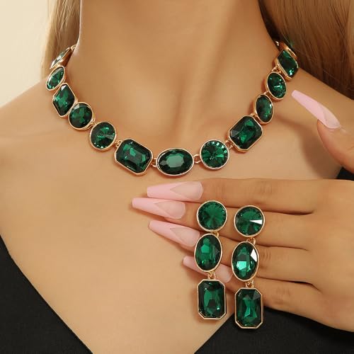 Octwine Green Rhinestones Necklace Teardrop Dangle Earrings Set for Women Bridal Wedding Prom Green Rhinestones Necklace Rhinestone Crystal Christmas Statement Necklace Earrings Set for Women3