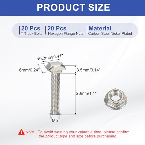 Image of PATIKIL M5 x 30 mm T-Slot Bolts, 20 Sets Drop-in Bolt Hammer Head with Hexagon Flange Nuts T-Bolt Stud Sliding Screw for 20 Series Aluminum Extrusion Profile, Silver