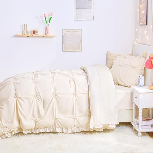 Image of Twin Comforter Set for Girls, Boho Pintuck Bedding Comforter Sets, 4 Pieces Ruffles Jacquard Embroidery Twin Bedding Sets with Comforter, Fitted Sheet, Flat Sheet and Pillowcase, Beige
