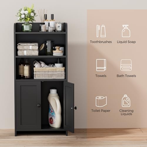 Homhedy Small Bathroom Storage Cabinet, Freestanding Toilet Paper Storage with 2 Doors and Shelves, Bathroom Organizers and Storage for Small Spaces, Laundry Room, 7.9" D x 14.6" W x 31" H, Black - Image 5