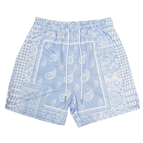 MECH-ENG Mens Paisley Shorts Mesh Graphic Bandana Print Boho Summer Beach Lightweight Drawstring Shorts(Blue X-Large)