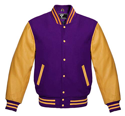 Image of Premium Letterman Baseball School College Bomber Varsity Jacket Purple & Gold Genuine Leather Sleeves
