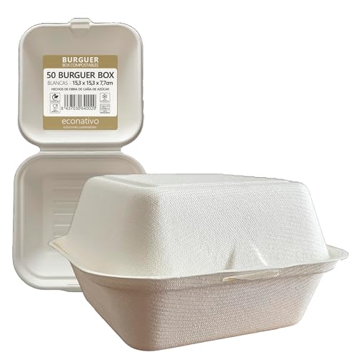 Econativo 50 Cajas Hamburguesa de Caña de Azúcar 15,3x15,3x7,7 cm | Envase Burger con Tapa Compostable, Biodegradable | Apto Microondas | Sin PFAS | Pack Hostelería Take Away