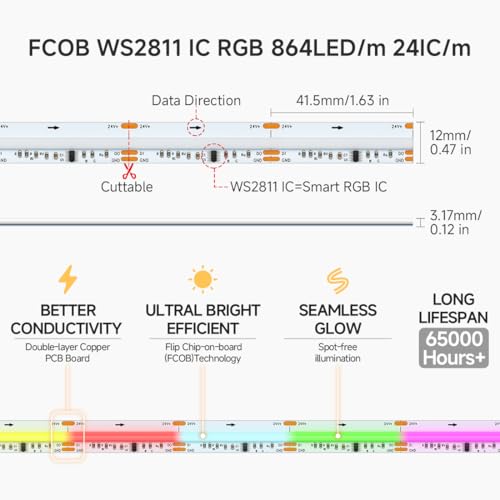 BTF-LIGHTING FCOB COB RGB WS2811 IC Addressable LED Strip DC24V 5m 864LEDs/M 12mm White PCB Chasing Colour Flexible High Density LED Rope IP30 Non Waterproof for Indoor Decoration(Only LED Strip) - Image 2