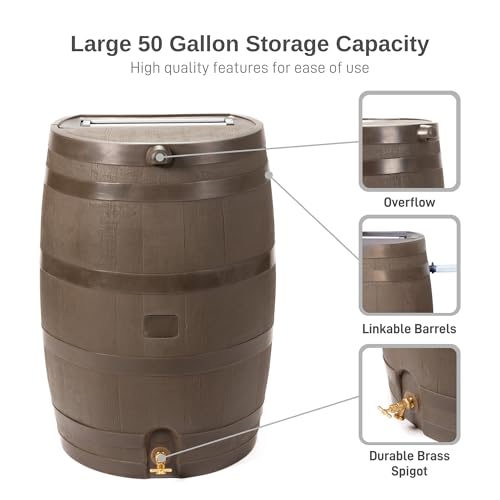 50-Gallon Rain Barrel with Brass Spigot, Flat Back Rain Water Collection Barrel, Walnut Color