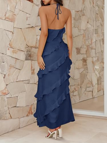Wenrine Womens Sexy Chiffon Halter Maxi Dress Sleeveless Backless Ruffle Tassel Party Club Dresses4