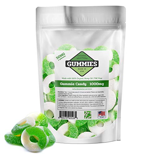 20ct Premium Hemp Gummies Sour Apple Flavor- 50mg per Gummy Ring (1000 mg per Bag) - Organic Hemp - 0% THC - Relief for Stress, Pain, Inflammation, Anxiety, Depression, Nausea, Omega 3,6,9 and More