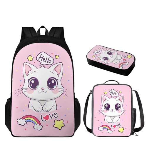 Flashideas Cute Cat School Backpack Set for Girls with Lunch Bag Pen Bag Set Cute Book Bag School Backpack Portable Lunch Bag Backpack for School Girls Designed for Boys & Girls