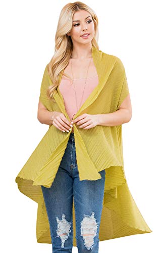 Bohemian Versatile Open Cardigan - Casual Sheer Long Kimono, Ombré Convertible Poncho Vest, Paisley Shawl, Beach Cover Up (Drape Vest - Pleated Yellow Green)
