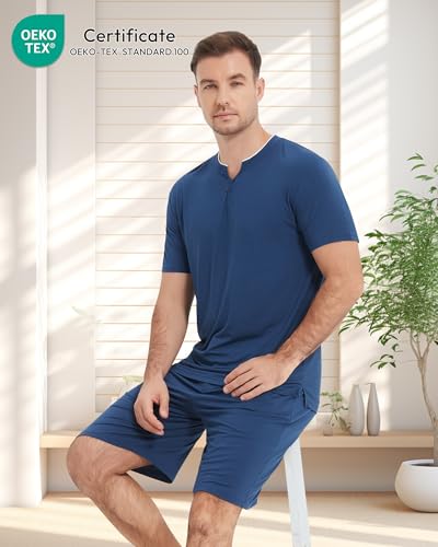 Image of NACHILA Pajamas Set for Men-Viscose Made from Bamboo, Short Sleeve Sleepwear Soft Pj with Shorts Cool Loungewear