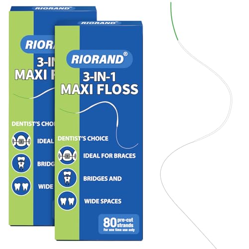 RioRand Spezialzahnseide für Spangen Brücken & Implantate PTFE & PFAS-frei 3-Phasen-Reinigung mit integriertem Einfädler 160 vorgeschnittene Fäden (2er Pack)