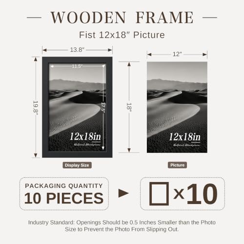 Image of VCK 12x18 Picture Frame Set of 10 - Black, Wide Border Solid Wood Frame, Display Pictures in Horizontal and Vertical, for Home, Office, Gallery, Woodgrain Series, Wall Hanging
