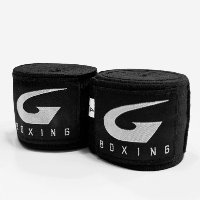 G Boxing Cuban Semi-Elastic Handwraps - Durable & Elastic with Thumb Loop & Hook-and-Loop Closure for Secure Fit (Black, 4M)