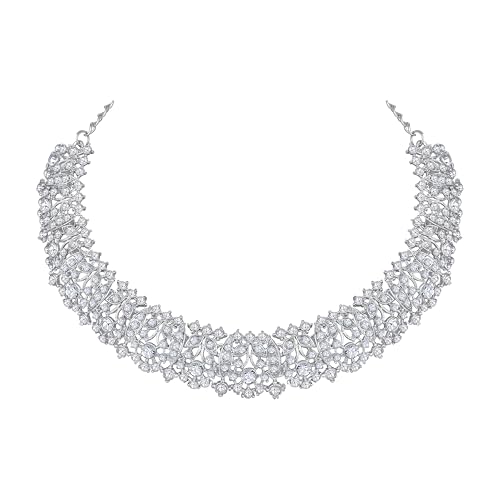 Image of Atasi International Silver Plated White Crystals American Diamonds Stylish Necklace Set with Earrings and Maang Tikka for Women and Girls | Stylish Jewellery for Party, Wedding and Festive Occasions (R6154)