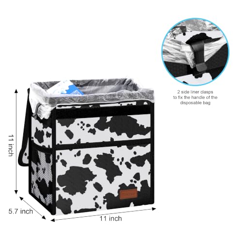 Image of Femuar Leak Proof Car Trash Can with Lid, Collapsible Hanging Waterproof Car Trash Bag with Mesh Pocket for SUV Front Seat Headrest, Large /Cow Print