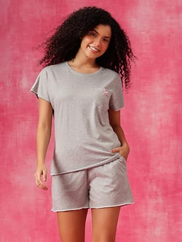 Image of Clovia Women's Grey Cotton T-Shirt & Shorts