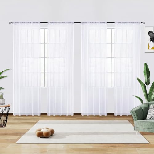 youleyar Solid Sheer Rod Pocket Curtain Voile Draperies 4 Panels White Beige Black Grey Ivory 52 Inch Width 54 Inch Long 1 Pair for Kitchen Bedroom Children Living Room Yard(Optical White,52 Wｘ54 L)