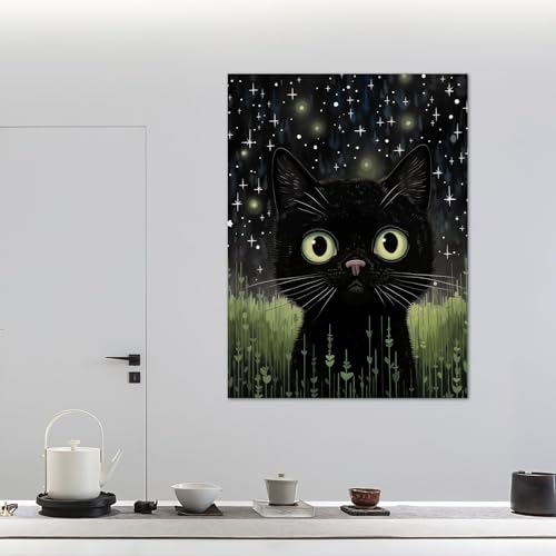 Décoration salon tableau de chat noir rétro avec fleur pour une ambiance chic et cosy