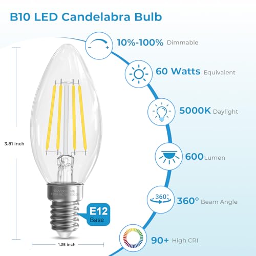 GvvooHome E12 Light Bulbs, 6W LED, 60 watt Equivalent Dimmable LED Candelabra Bulb 5000K Daylight White, E12 Base B10 Shpe Candle Light Bulb for Chandelier, 90+CRI, 600LM, Clear Glass, 12 Pack by GvvooHome - Used condition - Image 2