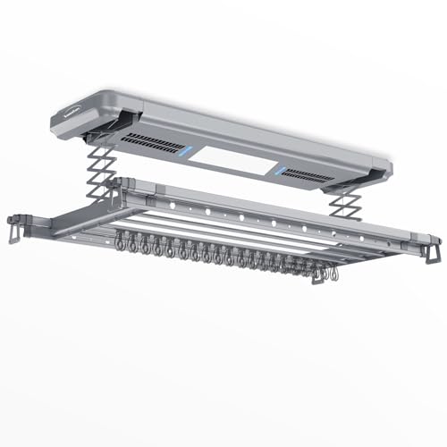 Image of KosmoCare Ultra Ceiling Mounted Electric Clothes Drying Rack|LED & UV Lights|Air & Heater Fans for Faster Drying|Smart Motorized Laundry|Clothes Hanger for Home & Balcony|Remote Control Drying Poles