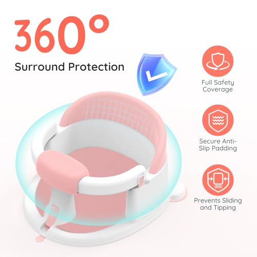Image of Baby Bath Seat for Babies Sitting Up, Non-Slip Baby Bath Chair with Strong Suction Cups, Lockable Armrest & High Back 360 Safety Support, Ideal for Active Toddlers 6-24 Months, Pink