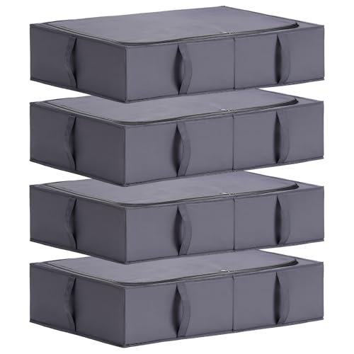 TYEERS Caja de Almacenaje Bajo la Cama con Tapa, Tela Duradera, Lavable, Plegable, Organizador Armario para Ropa, Mantas, Sábanas, Zapatos, 70x42x18 cm, Paquete de 4, Gris Oscuro