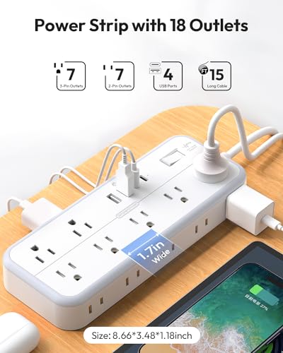 15 FT Long Extension Cord with Multiple Outlets, NTONPOWER 14 Outlets and 4 USB Ports (2 USB C), 1875W 15A, 14 Gauge 3 Prong, 2700J Surge Protector Power Strip, Mountable for Home Office, White
