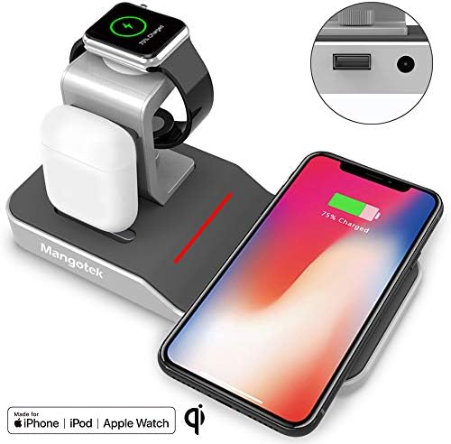 Mangotek Watch Stand Wireless Charger for Apple iPhone Airpods iWatch, 4 in 1 Phone Charging Station with Lightning Connector and USB Port for iPhone 8/X/XR/7/11, iWatch Series 5/4/3/2/1, MFi, Silver