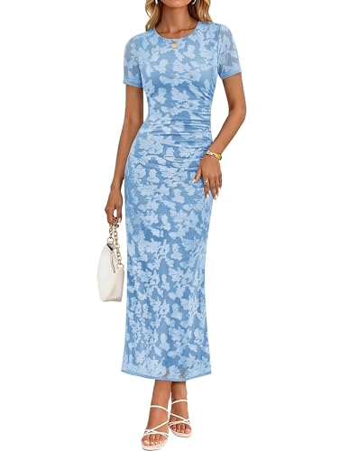 Image of ZESICA Women's 2026 Summer Floral Bodycon Dress Short Sleeve Ruched Mesh Wedding Guest Cocktail Party Midi Dresses
