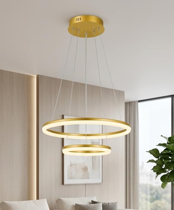 Image of SINOMAN Modern Contemporary Spiral LED 2 Ring Chandelier Hanging Ceiling Pendant Light - Adjustable Height with 3 Color Lighting Modes Ideal for Living Room /Bedroom /Home (Gold)