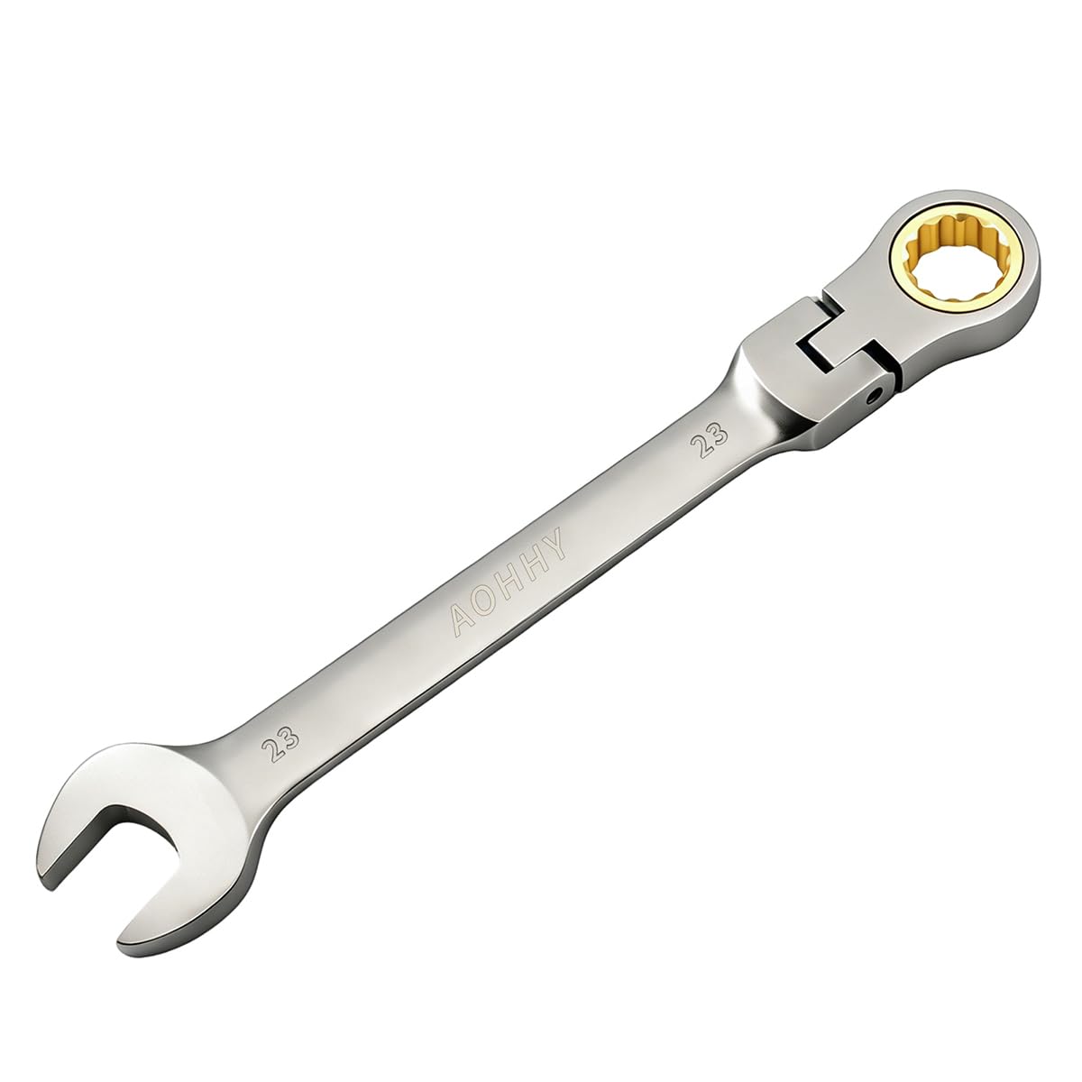 Aohhy Flexible Head Ratchet Spanner 23mm Cr-V Steel Forged Combination Spanner, 72 Tooth Gear System Flexible Head and Open End Combination Wrench with Grey Nickle Plated