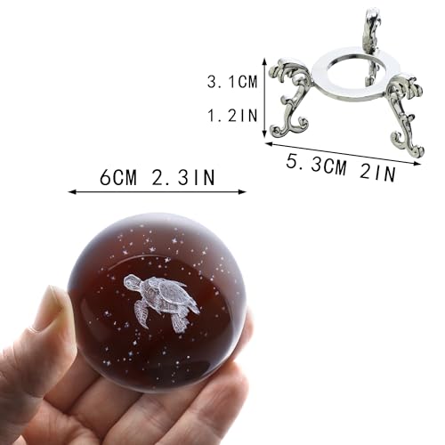 HDCRYSTALGIFTS Briefbeschwerer mit 3D-Lasergravur, Meeresschildkröten, Kristallkugel, Briefbeschwerer mit Ständer, 60 mm, Glas, volle Kugel, Ozean-Tier für Heimdekoration, Geschenke für Mutter