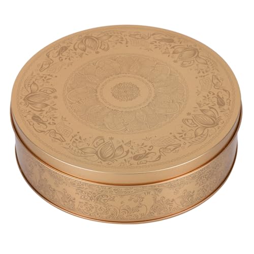 Image of Healifty Round Tin Tinplate Cookie Box with Lid Candy Box Cake Storage Tin for Baking Cakes Biscuits Desserts and Party Storage Golden 6.61 X 6.61 X 1.97 in