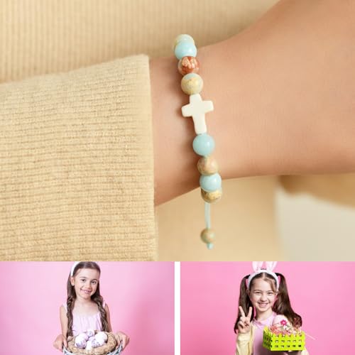 Image of Lamyba Easter Gifts for Kids /Teens /Girls, Christian Natural Stone Beaded Bracelets, Easter Basket Stuffers Essentials, Adjustable Cross Bracelets, Blue /Black