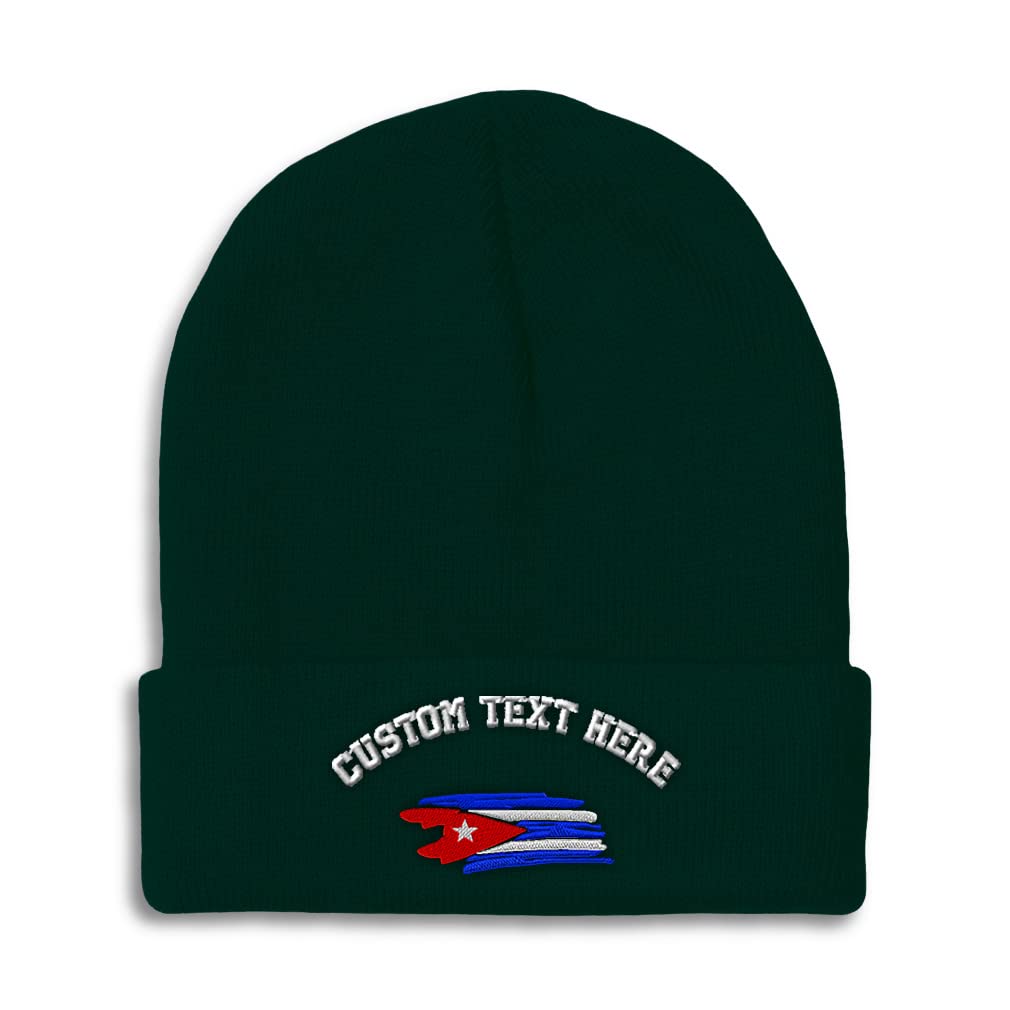Custom Beanies for Men Cuban Flag Drawing Lines Embroidery Flags Country Flag Winter Hats for Women Acrylic Skull Cap 1 Size Forest Green Personalized Text Here