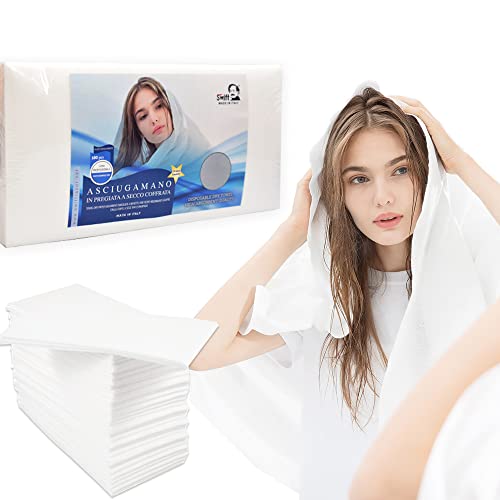 100 Pack Disposable Luxury Towels Made in Italy Air laid Nonwoven Disposable Towel for Salon Hair Drying Towels for Women Salon Towels Bleach Safe White Spa Towels (35x67cm)