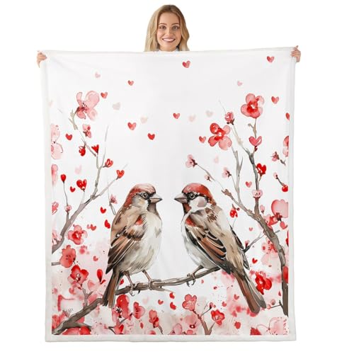 Feelyou Sparrow Couple Print Sherpa Blanket Plush Fuzzy Red Heart Fleece Throw Blanket Cherry Blossom Branches for Bed Chair Living Room Romantic Valentine Theme Room Decor Love Bird Twin 60"x80"